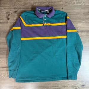 Vintage Lands’ End Long Sleeve Collared Polo Block Print Y2K Large